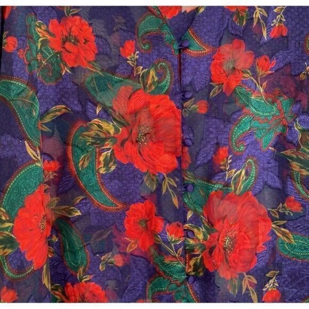 Vintage Gold Label Victoria Secret Small Satin Sheer Pajama Floral Button‎ Top
